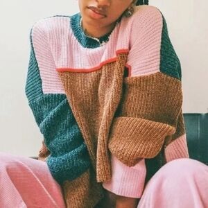 Urban Outfitters Chenille Color Block Cropped Crewneck Sweater In Teal/Pink